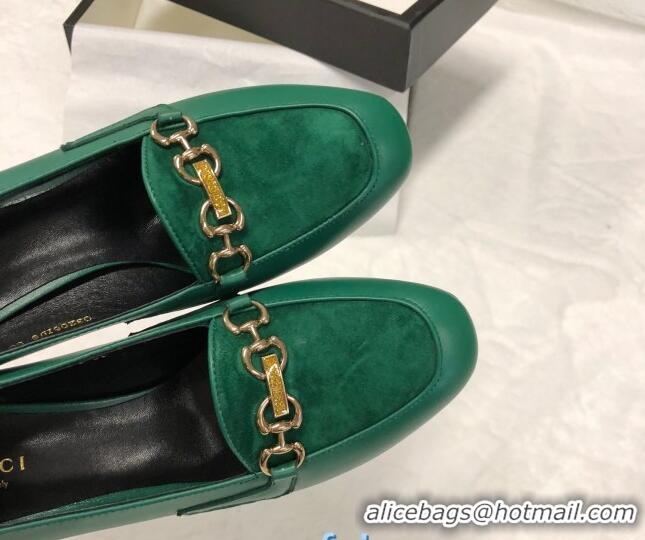 Classic Gucci Calfskin Horsebit Mid-Heel Loafer Pumps 70mm 72212 Green 