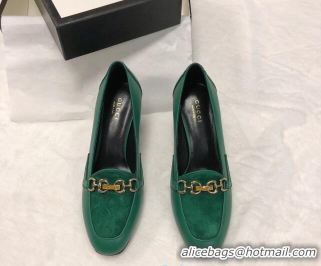 Classic Gucci Calfskin Horsebit Mid-Heel Loafer Pumps 70mm 72212 Green 