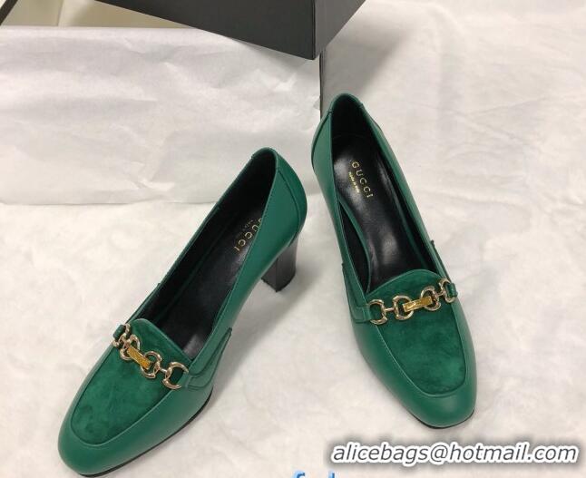 Classic Gucci Calfskin Horsebit Mid-Heel Loafer Pumps 70mm 72212 Green 