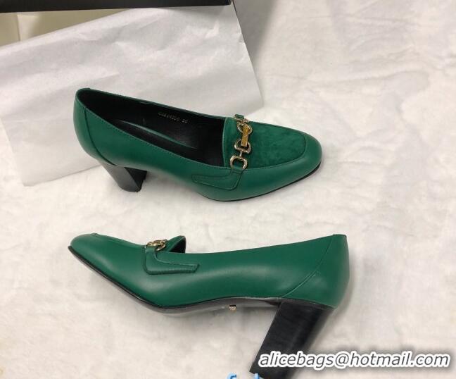 Classic Gucci Calfskin Horsebit Mid-Heel Loafer Pumps 70mm 72212 Green 