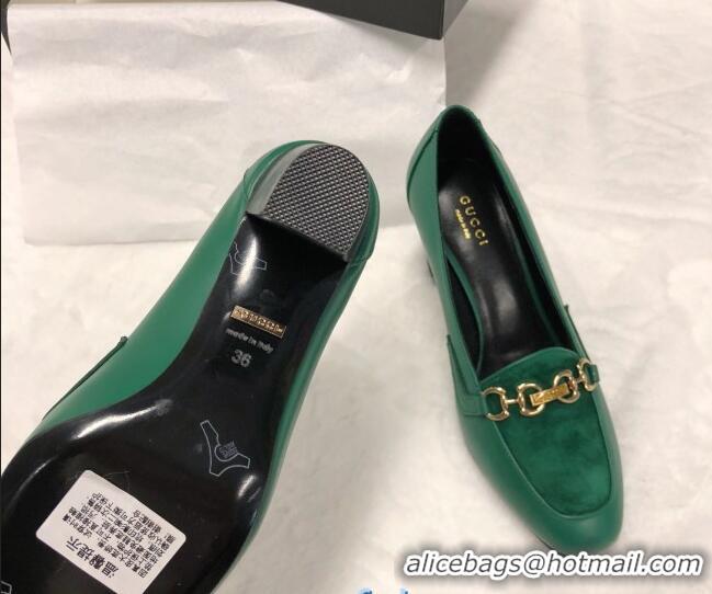 Classic Gucci Calfskin Horsebit Mid-Heel Loafer Pumps 70mm 72212 Green 