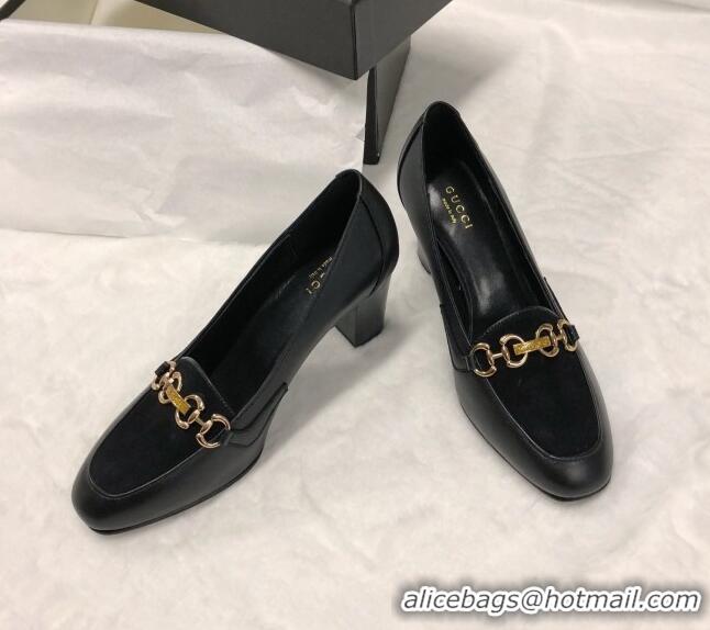 Sumptuous Gucci Calfskin Horsebit Mid-Heel Loafer Pumps 70mm 72212 Black