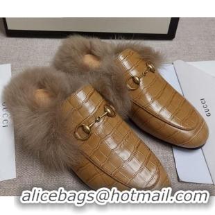 Perfect Gucci Princetown Stone-Calfskin Wool Slipper 81823 Beige 2020