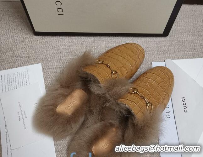 Perfect Gucci Princetown Stone-Calfskin Wool Slipper 81823 Beige 2020