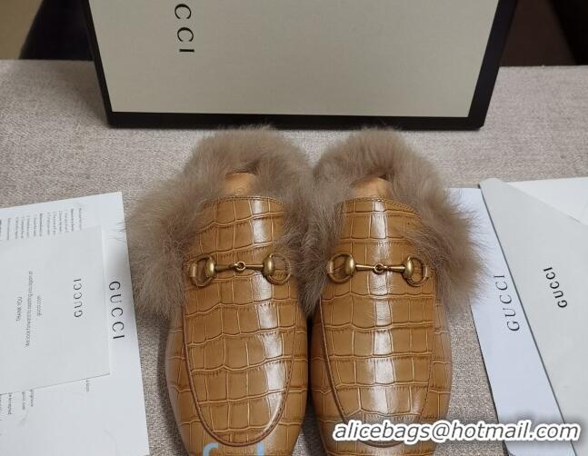 Perfect Gucci Princetown Stone-Calfskin Wool Slipper 81823 Beige 2020