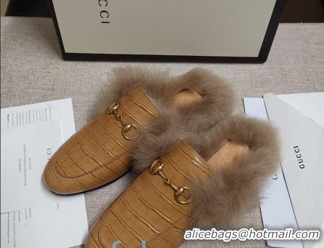 Perfect Gucci Princetown Stone-Calfskin Wool Slipper 81823 Beige 2020