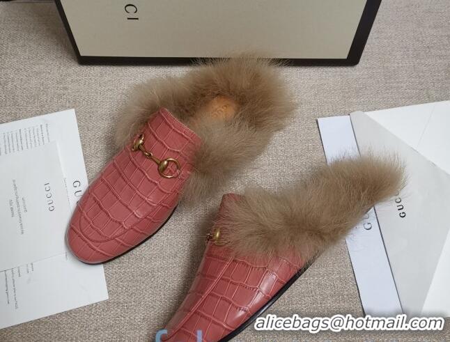 Unique Style Gucci Princetown Stone-Calfskin Wool Slipper 81823 Pink 2020