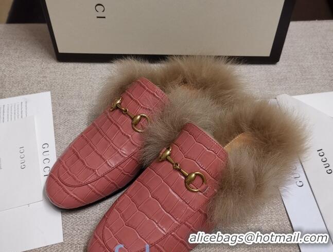 Unique Style Gucci Princetown Stone-Calfskin Wool Slipper 81823 Pink 2020