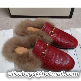 Best Product Gucci Princetown Stone-Calfskin Wool Slipper 81823 Red 2020