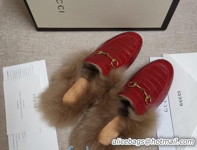 Best Product Gucci Princetown Stone-Calfskin Wool Slipper 81823 Red 2020