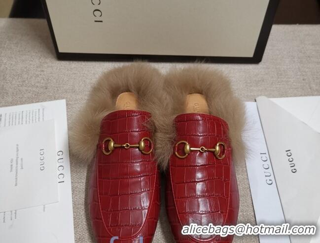 Best Product Gucci Princetown Stone-Calfskin Wool Slipper 81823 Red 2020