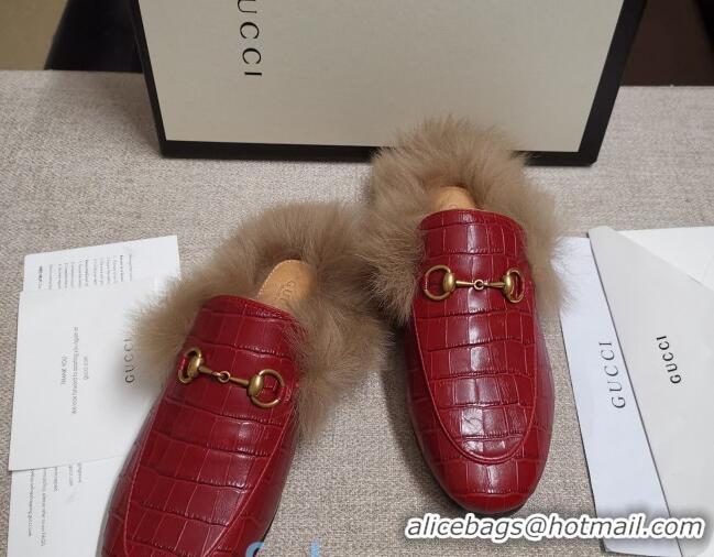 Best Product Gucci Princetown Stone-Calfskin Wool Slipper 81823 Red 2020