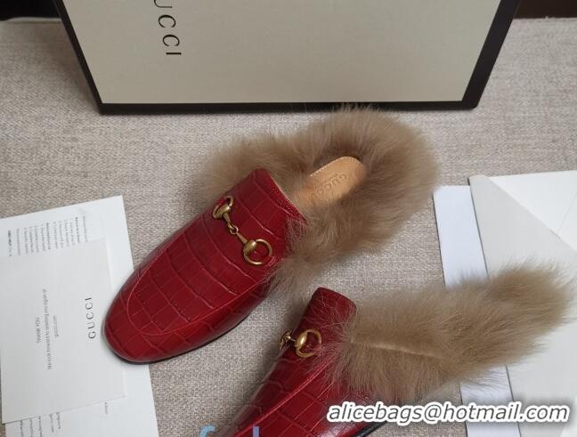 Best Product Gucci Princetown Stone-Calfskin Wool Slipper 81823 Red 2020