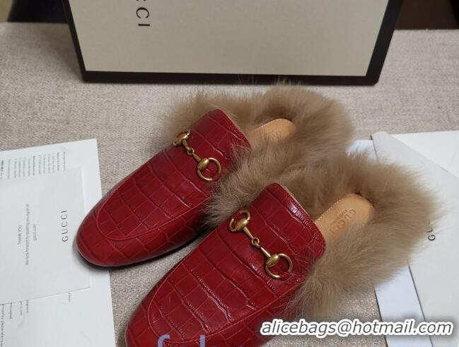 Best Product Gucci Princetown Stone-Calfskin Wool Slipper 81823 Red 2020