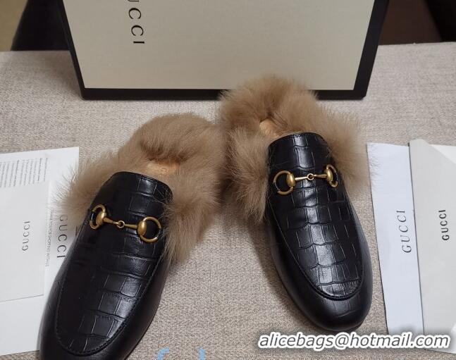 Trendy Design Gucci Princetown Stone-Calfskin Wool Slipper 81823 Black 2020