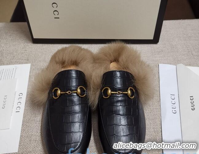 Trendy Design Gucci Princetown Stone-Calfskin Wool Slipper 81823 Black 2020