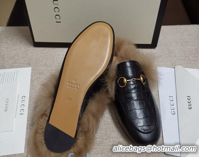 Trendy Design Gucci Princetown Stone-Calfskin Wool Slipper 81823 Black 2020