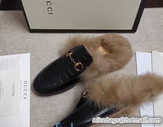 Trendy Design Gucci Princetown Stone-Calfskin Wool Slipper 81823 Black 2020