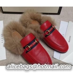 Popular Style Gucci Princetown Horsebit Web Calfskin Wool Slipper 81827 Red 2020