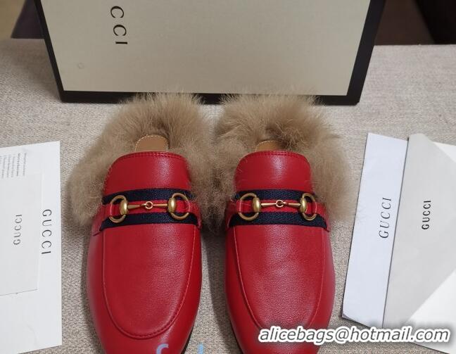 Popular Style Gucci Princetown Horsebit Web Calfskin Wool Slipper 81827 Red 2020