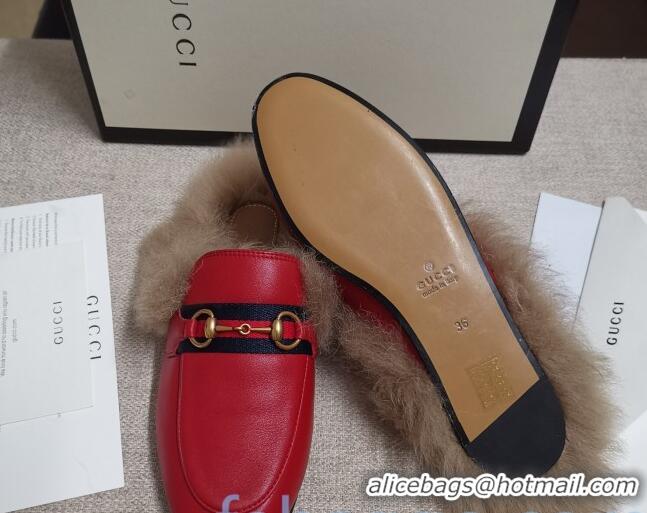 Popular Style Gucci Princetown Horsebit Web Calfskin Wool Slipper 81827 Red 2020