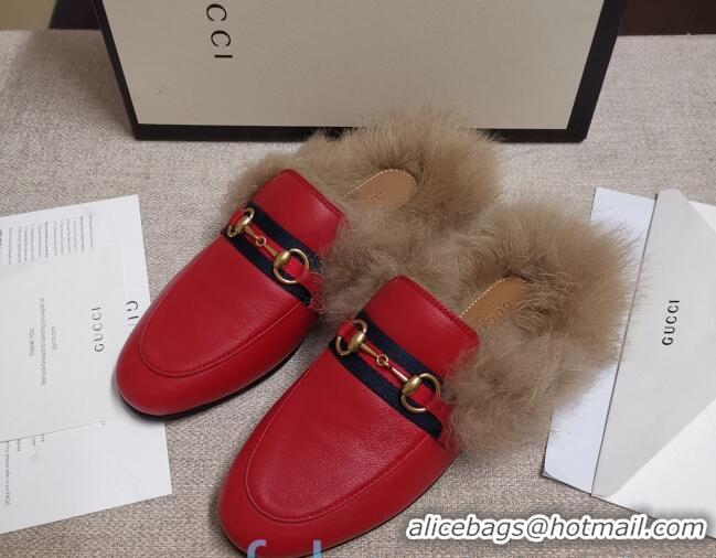 Popular Style Gucci Princetown Horsebit Web Calfskin Wool Slipper 81827 Red 2020