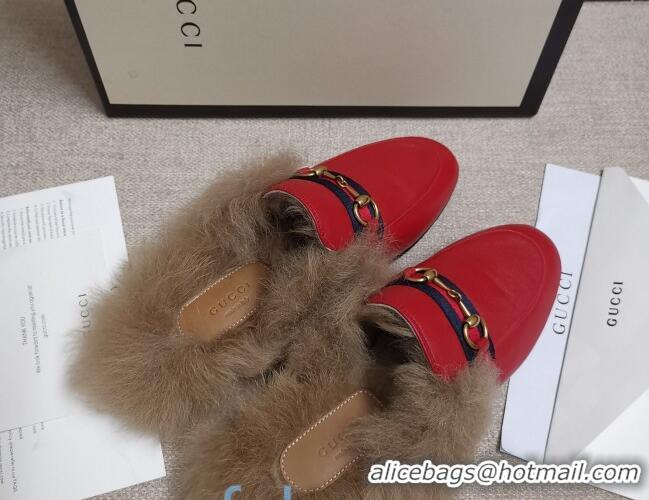 Popular Style Gucci Princetown Horsebit Web Calfskin Wool Slipper 81827 Red 2020