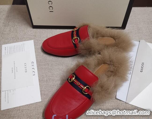 Popular Style Gucci Princetown Horsebit Web Calfskin Wool Slipper 81827 Red 2020