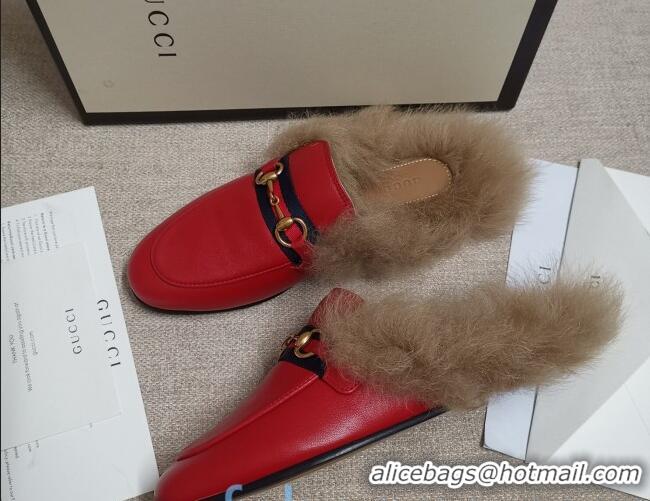 Popular Style Gucci Princetown Horsebit Web Calfskin Wool Slipper 81827 Red 2020