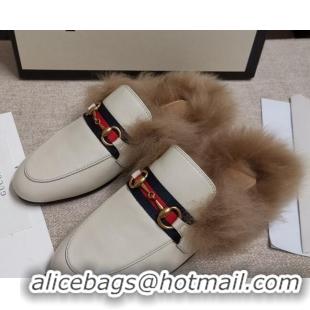 Low Price Gucci Princetown Horsebit Web Calfskin Wool Slipper 81827 White 2020