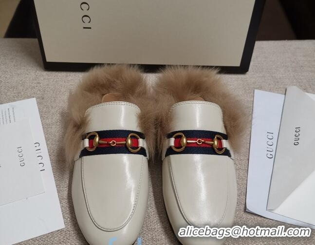 Low Price Gucci Princetown Horsebit Web Calfskin Wool Slipper 81827 White 2020