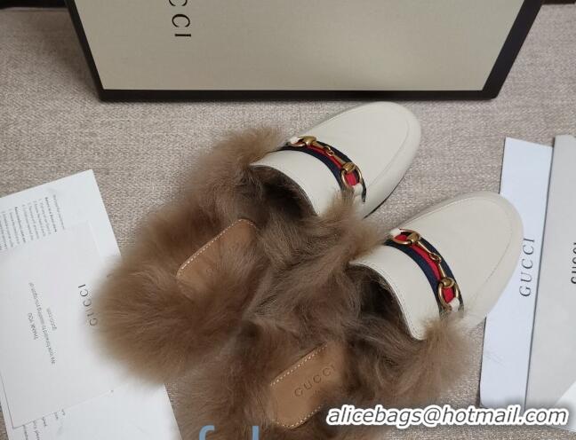 Low Price Gucci Princetown Horsebit Web Calfskin Wool Slipper 81827 White 2020