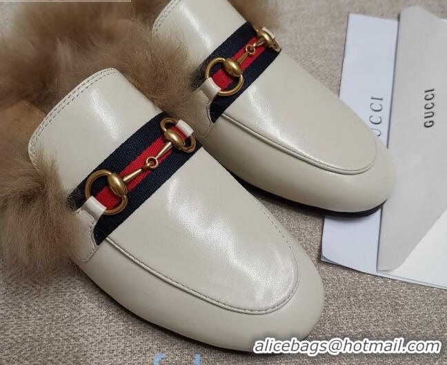 Low Price Gucci Princetown Horsebit Web Calfskin Wool Slipper 81827 White 2020