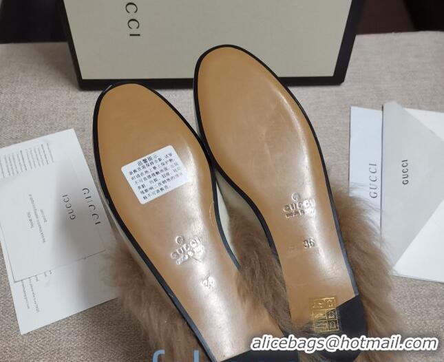 Low Price Gucci Princetown Horsebit Web Calfskin Wool Slipper 81827 White 2020