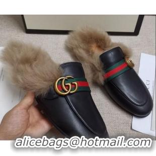 Charming Gucci Princetown Horsebit Web Calfskin Wool Slipper 81827 Black 2020