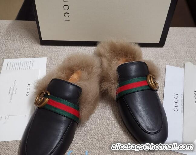 Charming Gucci Princetown Horsebit Web Calfskin Wool Slipper 81827 Black 2020