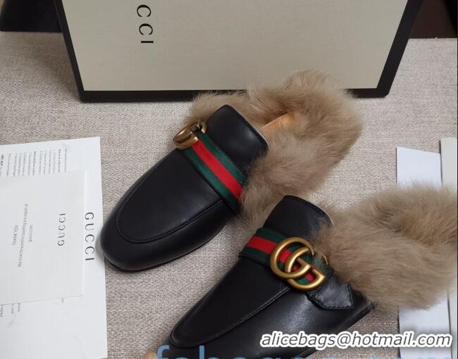 Charming Gucci Princetown Horsebit Web Calfskin Wool Slipper 81827 Black 2020