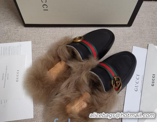 Charming Gucci Princetown Horsebit Web Calfskin Wool Slipper 81827 Black 2020