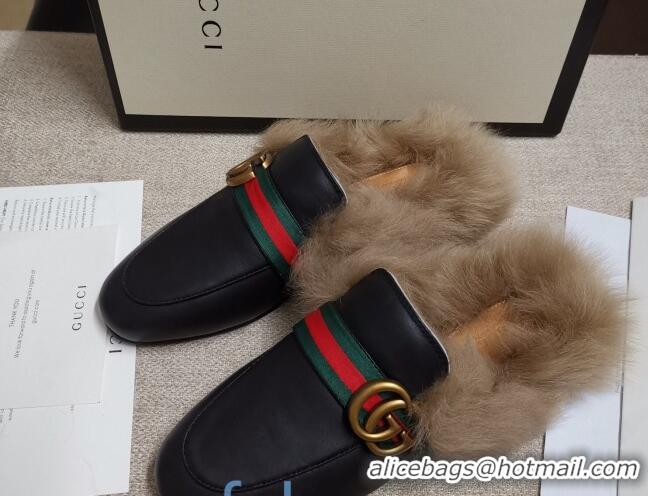 Charming Gucci Princetown Horsebit Web Calfskin Wool Slipper 81827 Black 2020