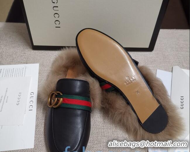 Charming Gucci Princetown Horsebit Web Calfskin Wool Slipper 81827 Black 2020