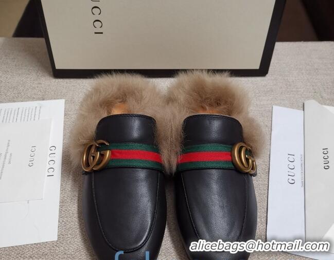 Charming Gucci Princetown Horsebit Web Calfskin Wool Slipper 81827 Black 2020