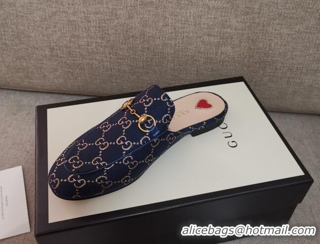 New Style Disney x Gucci Princetown GG Silver Lamé Slipper 475094 Navy Blue 2020