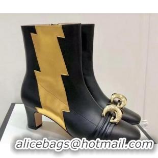 Classic Hot Gucci Leather Ankle Boots with Half Moon GG and Patch 0945 Black/Gold 2020 