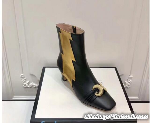 Classic Hot Gucci Leather Ankle Boots with Half Moon GG and Patch 0945 Black/Gold 2020 