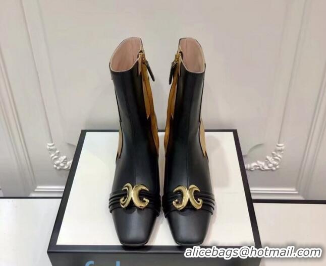 Classic Hot Gucci Leather Ankle Boots with Half Moon GG and Patch 0945 Black/Gold 2020 