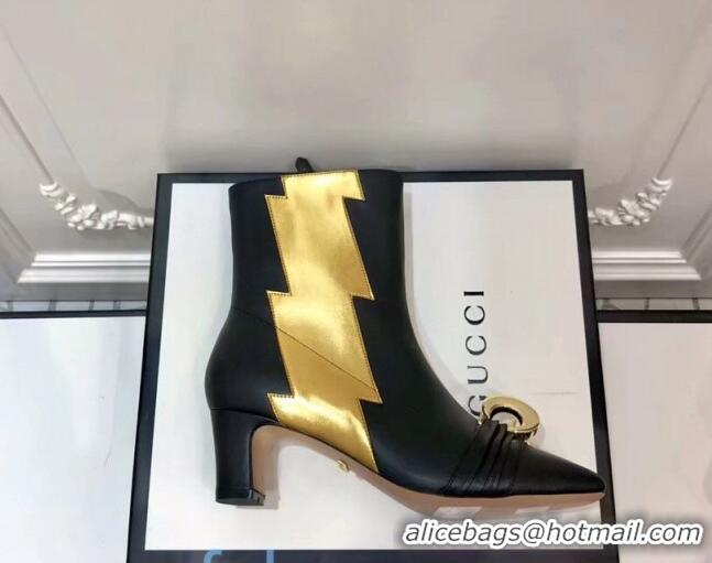 Classic Hot Gucci Leather Ankle Boots with Half Moon GG and Patch 0945 Black/Gold 2020 