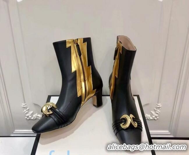 Classic Hot Gucci Leather Ankle Boots with Half Moon GG and Patch 0945 Black/Gold 2020 