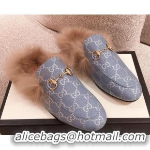 Stylish Gucci Princetown GG Silver Lamé Wool Slipper 00946 Light Blue 2020