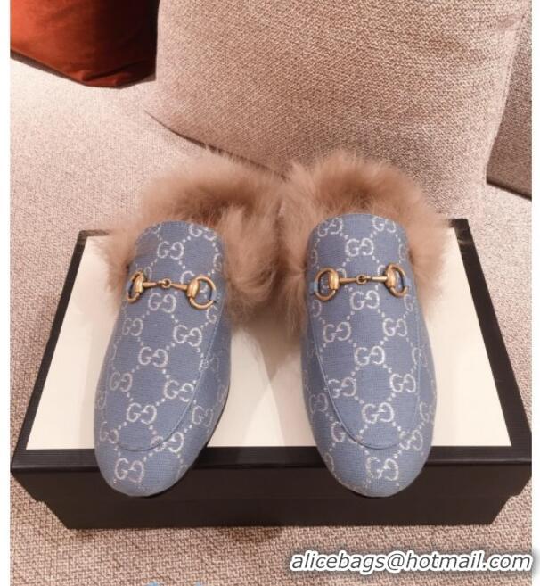 Stylish Gucci Princetown GG Silver Lamé Wool Slipper 00946 Light Blue 2020