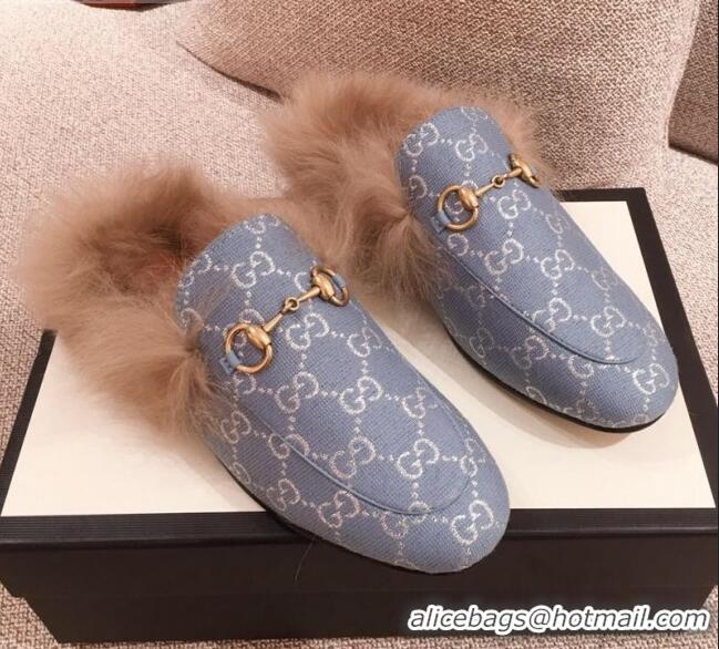 Stylish Gucci Princetown GG Silver Lamé Wool Slipper 00946 Light Blue 2020